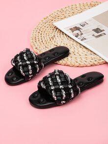 Niñas Chanclas con diseño de diamante de imitación con diseño trenzado - Negro - Ver 4