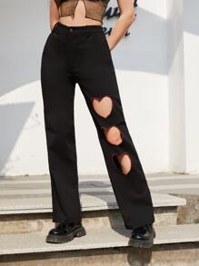 SHEIN Pantalones rectos con corazón con abertura - Negro - Ver 1