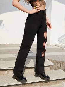 SHEIN Pantalones rectos con corazón con abertura - Negro - Ver 5