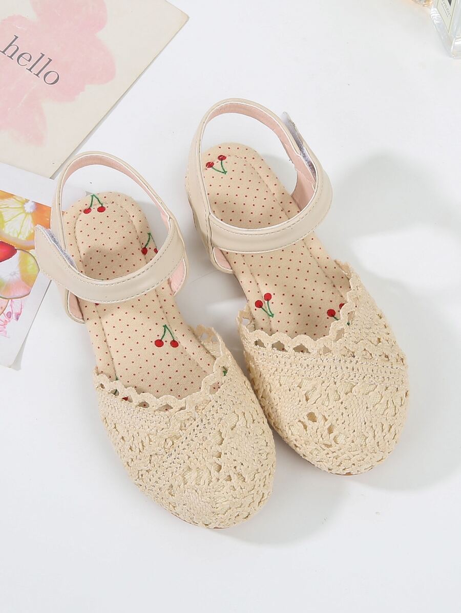 女孩蕾絲拼接踝帶平底鞋 - 杏色 - 查看 1