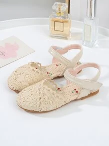 女孩蕾絲拼接踝帶平底鞋 - 杏色 - 查看 2