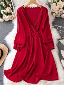 Plus Guipure Lace Trim Surplice Neck Dress - Burgundy - View 1