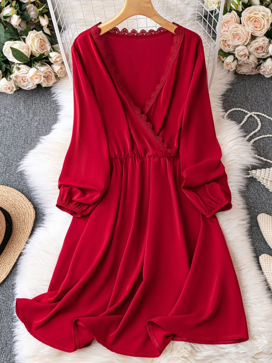 Plus Guipure Lace Trim Surplice Neck Dress - Burgundy - View 1