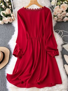 Plus Guipure Lace Trim Surplice Neck Dress - Burgundy - View 2