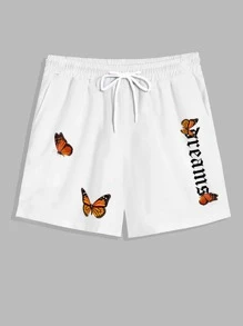 Manfinity Homme Men Butterfly And Letter Graphic Drawstring Shorts - White - View 1