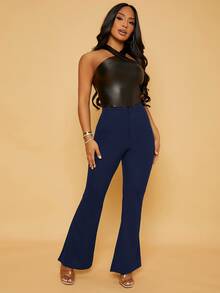 SHEIN Privé Solid Flare Leg Trousers - Navy Blue - View 4