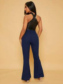SHEIN Privé Solid Flare Leg Trousers - Navy Blue - View 5
