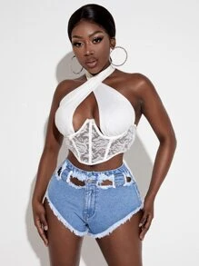 SHEIN SXY Ripped Raw Hem Denim Shorts - Medium Wash - View 3