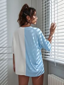 SHEIN Unity Contrast Color AB Patchwork Casual Loose Short Sleeve T-Shirt (Brooklyn) - Blue and White - View 2