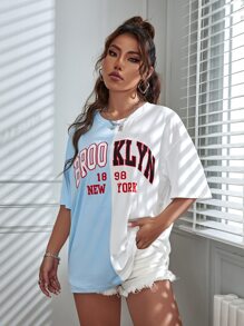 SHEIN Unity Contrast Color AB Patchwork Casual Loose Short Sleeve T-Shirt (Brooklyn) - Blue and White - View 4