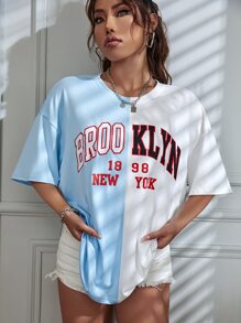 SHEIN Unity Contrast Color AB Patchwork Casual Loose Short Sleeve T-Shirt (Brooklyn) - Blue and White - View 6