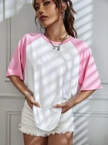 SHEIN Unity Raglan Sleeve Contrast Color Casual Loose Short Sleeve T-Shirt - White - View 4