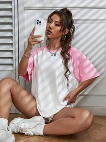 SHEIN Unity Raglan Sleeve Contrast Color Casual Loose Short Sleeve T-Shirt - White - View 5