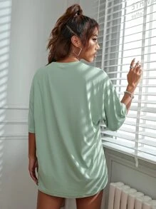 SHEIN Unity Letter Graphic Drop Shoulder Longline Tee - Mint Green - View 2