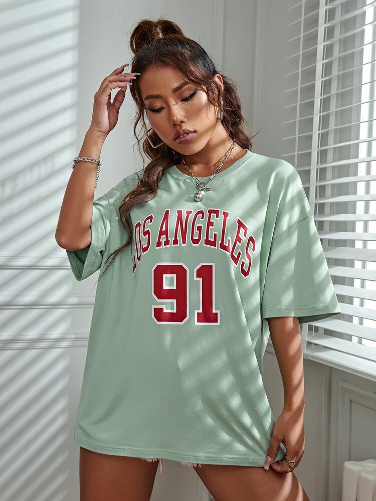 SHEIN Unity Camiseta larga con estampado de letra de hombros caídos - verde menta - Añade 3