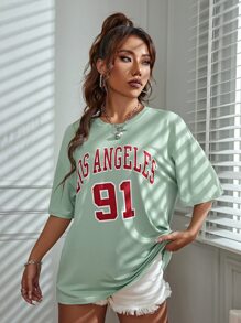 SHEIN Unity Letter Graphic Drop Shoulder Longline Tee - Mint Green - View 6