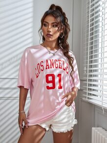 SHEIN Unity Letter Graphic Drop Shoulder Longline Tee - Baby Pink - View 5