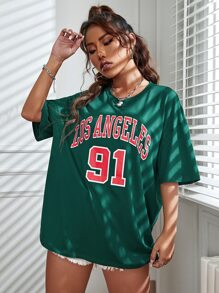 SHEIN Unity Camiseta larga con estampado de letra de hombros caídos - Verde Oscuro - Ver 4