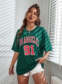 SHEIN Unity Camiseta larga con estampado de letra de hombros caídos - Verde Oscuro - Ver 5
