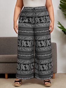 SHEIN 大碼佩斯利印花前繫帶闊腿褲 - 彩色 - 查看 1