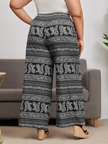 SHEIN 大碼佩斯利印花前繫帶闊腿褲 - 彩色 - 查看 2