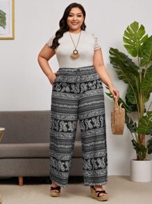 SHEIN 大碼佩斯利印花前繫帶闊腿褲 - 彩色 - 查看 3