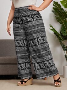 SHEIN 大碼佩斯利印花前繫帶闊腿褲 - 彩色 - 查看 5