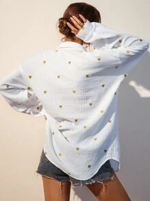 SHEIN Frenchy Heart Embroidery Pocket Patched Drop Shoulder Shirt Winter Casual - Yellow - View 2