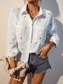 SHEIN Frenchy Heart Embroidery Pocket Patched Drop Shoulder Shirt Winter Casual - Yellow - View 4