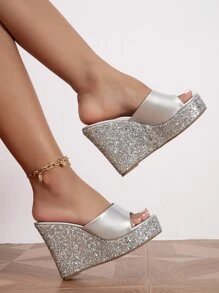 Metallic Glitter Wedge Slide Sandals - Silver - View 5