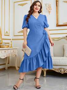 Modelyn Vestido cruzado de manga farol ribete con fruncido con cordón lateral - Azul - Ver 1