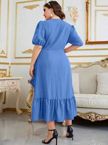 Modelyn Vestido cruzado de manga farol ribete con fruncido con cordón lateral - Azul - Ver 2