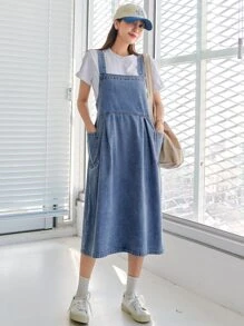 DAZY 贴袋侧绑带牛仔背带裙（不含 T 恤）