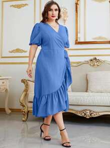 Modelyn Vestido cruzado de manga farol ribete con fruncido con cordón lateral - Azul - Ver 5