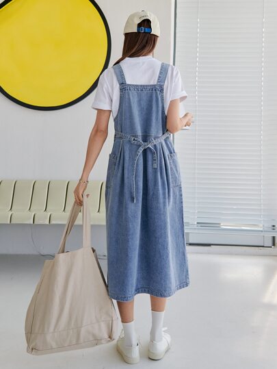 DAZY Patched Pocket Side Tie Back Denim Overall Dress Without Tee Sundress