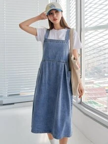 DAZY 贴袋侧绑带牛仔背带裙（不含 T 恤）