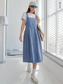 DAZY 贴袋侧绑带牛仔背带裙（不含 T 恤）