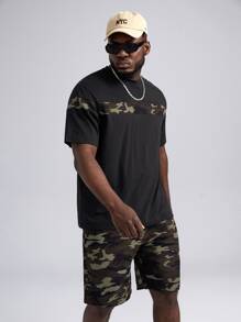 Manfinity VCAY Nam Bông Camo In Áo thun & Eo dây rút Quần short - màu đen - Xem 5