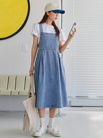 DAZY Patched Pocket Side Tie Back Denim Overall Dress Without Tee Sundress