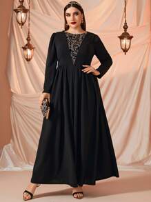 Plus Floral Print Mesh Insert Puff Sleeve Dress - Black - View 1