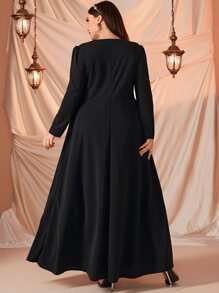 Plus Floral Print Mesh Insert Puff Sleeve Dress - Black - View 2