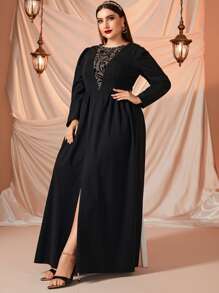 Plus Floral Print Mesh Insert Puff Sleeve Dress - Black - View 3