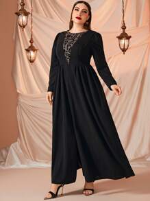 Plus Floral Print Mesh Insert Puff Sleeve Dress - Black - View 4