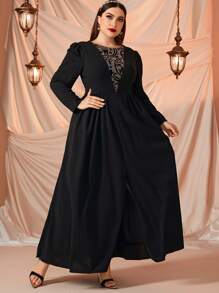 Plus Floral Print Mesh Insert Puff Sleeve Dress - Black - View 5