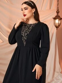 Plus Floral Print Mesh Insert Puff Sleeve Dress - Black - View 6