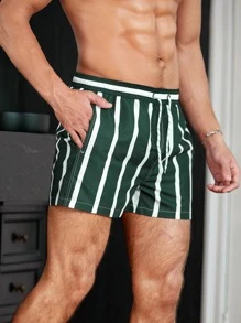ZELFYO Men Striped Drawstring Waist Swim Trunks, Hawaiian - Dark Green - View 3