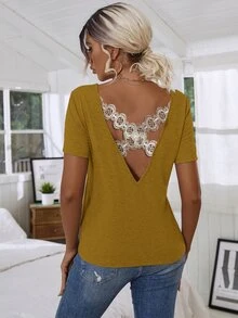 Floral Lace Crisscross Tee - Mustard Yellow - View 2