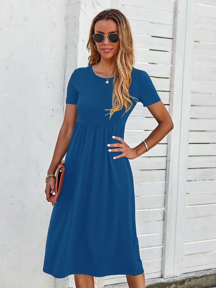 Solid Pocket Detail Dress - Blue - View 4