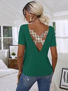 Floral Lace Crisscross Tee - Green - View 2