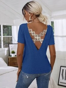SHEIN LUNE Floral Lace Crisscross Tee - Blue - View 2